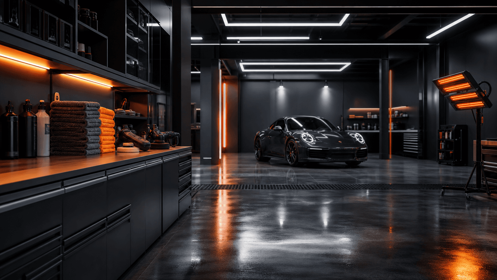 Clean modern detailing studio workspace with orange lighting