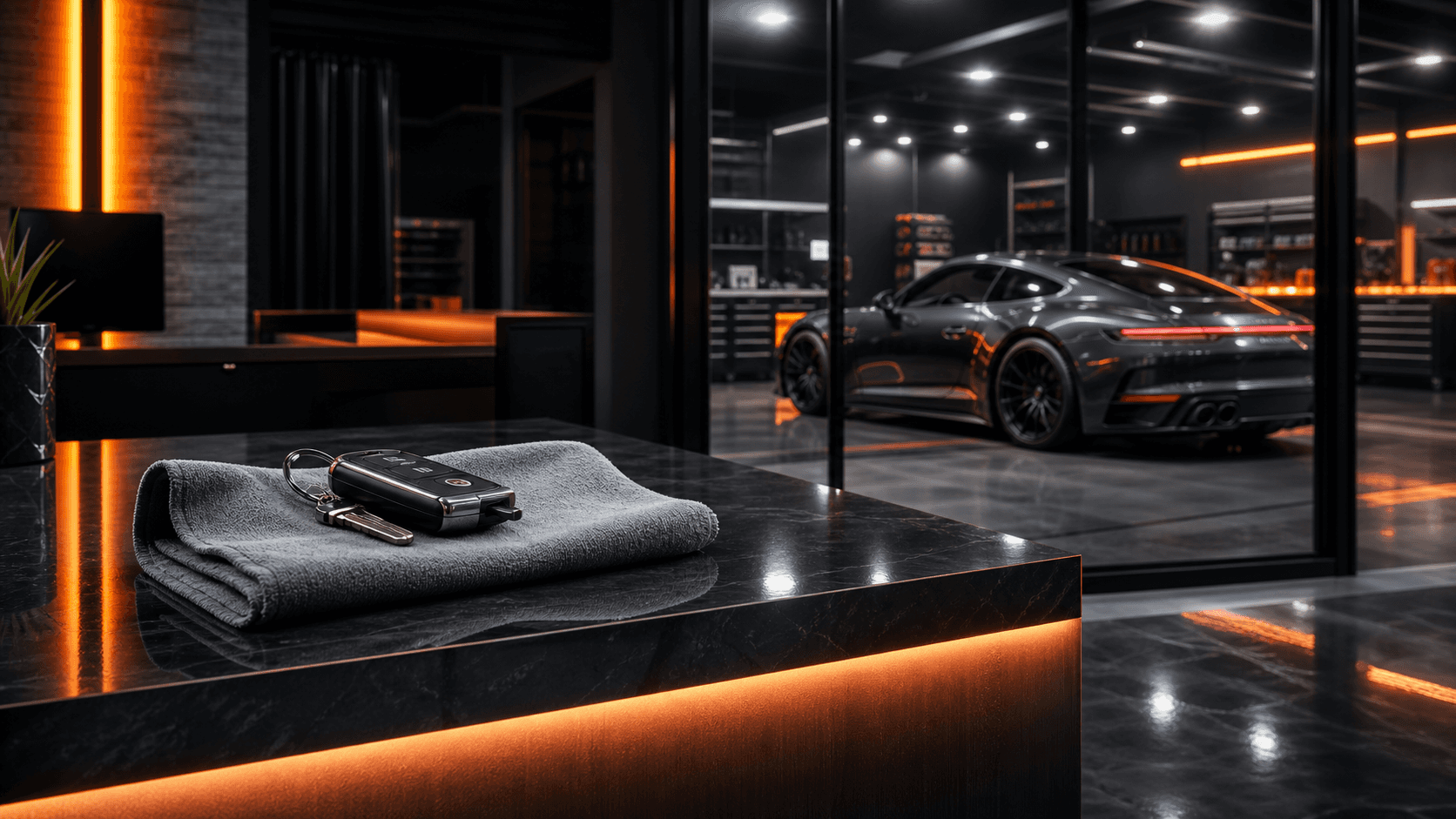 Premium auto spa handoff area with keys and microfiber towel