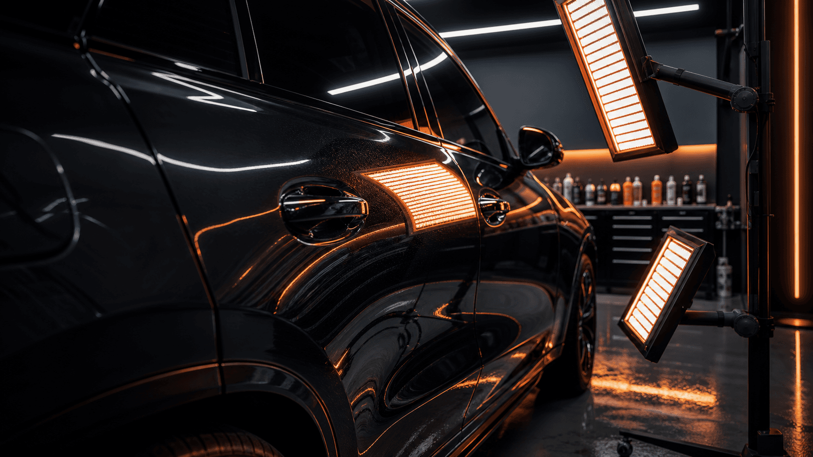Glossy vehicle side panel inspected under warm correction lights