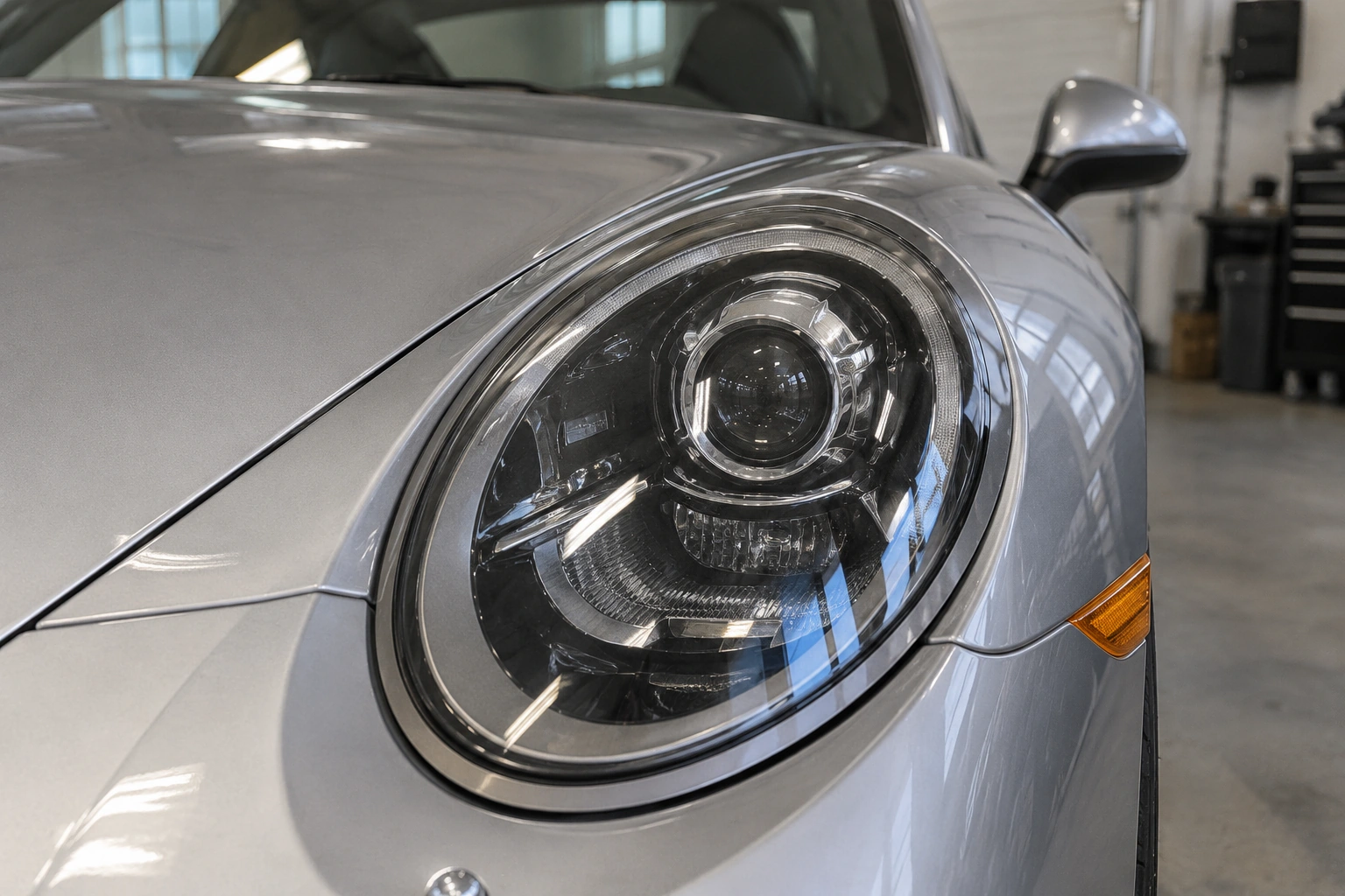 A close look at a clear Porsche headlight and silver paint