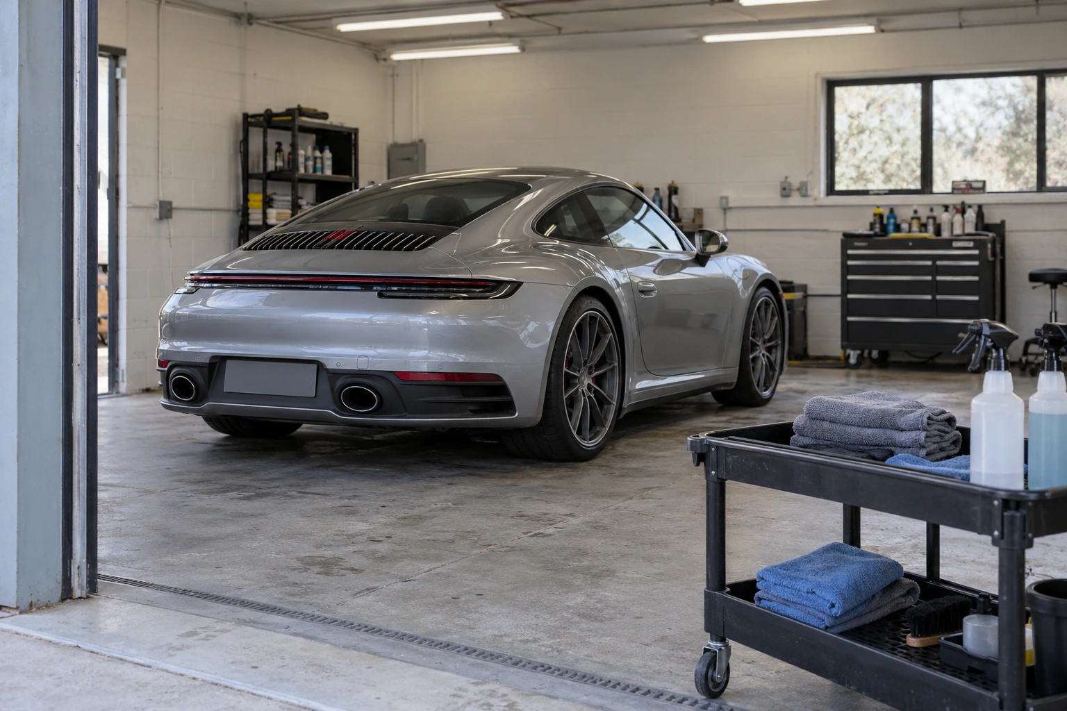 Silver Porsche in a daylight workshop